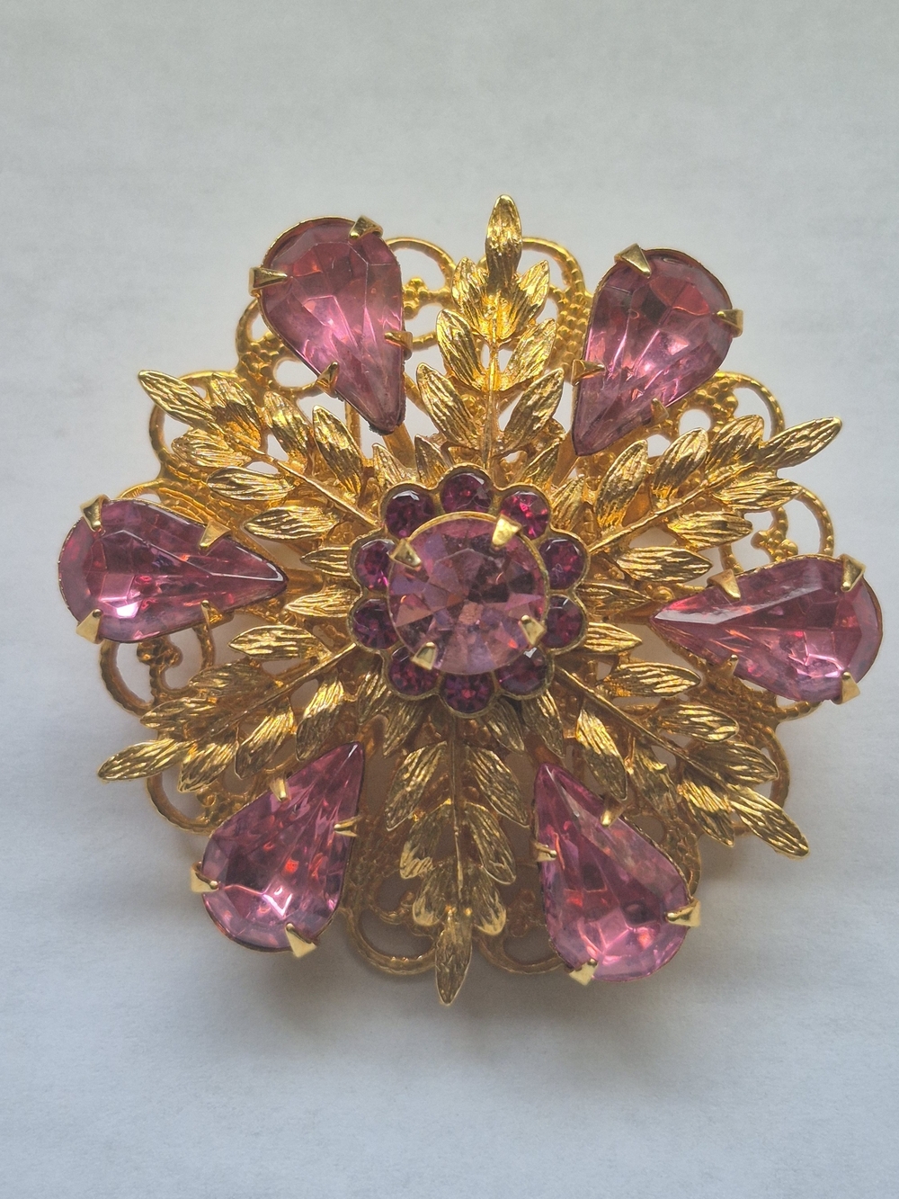 Vintage Pink Rhinestone Floral Brooch Gold Tone Filigree Layered Flower Brooch